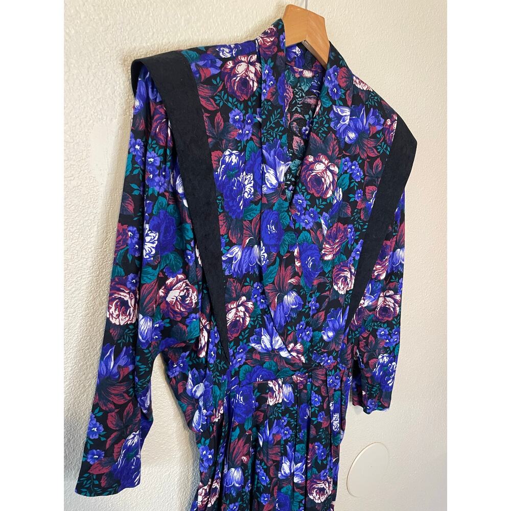 VTG 80's 90's Blue & Purple Floral Grandma Core V Neck Retro Long Sleeve Dress 4 - Picture 12 of 14